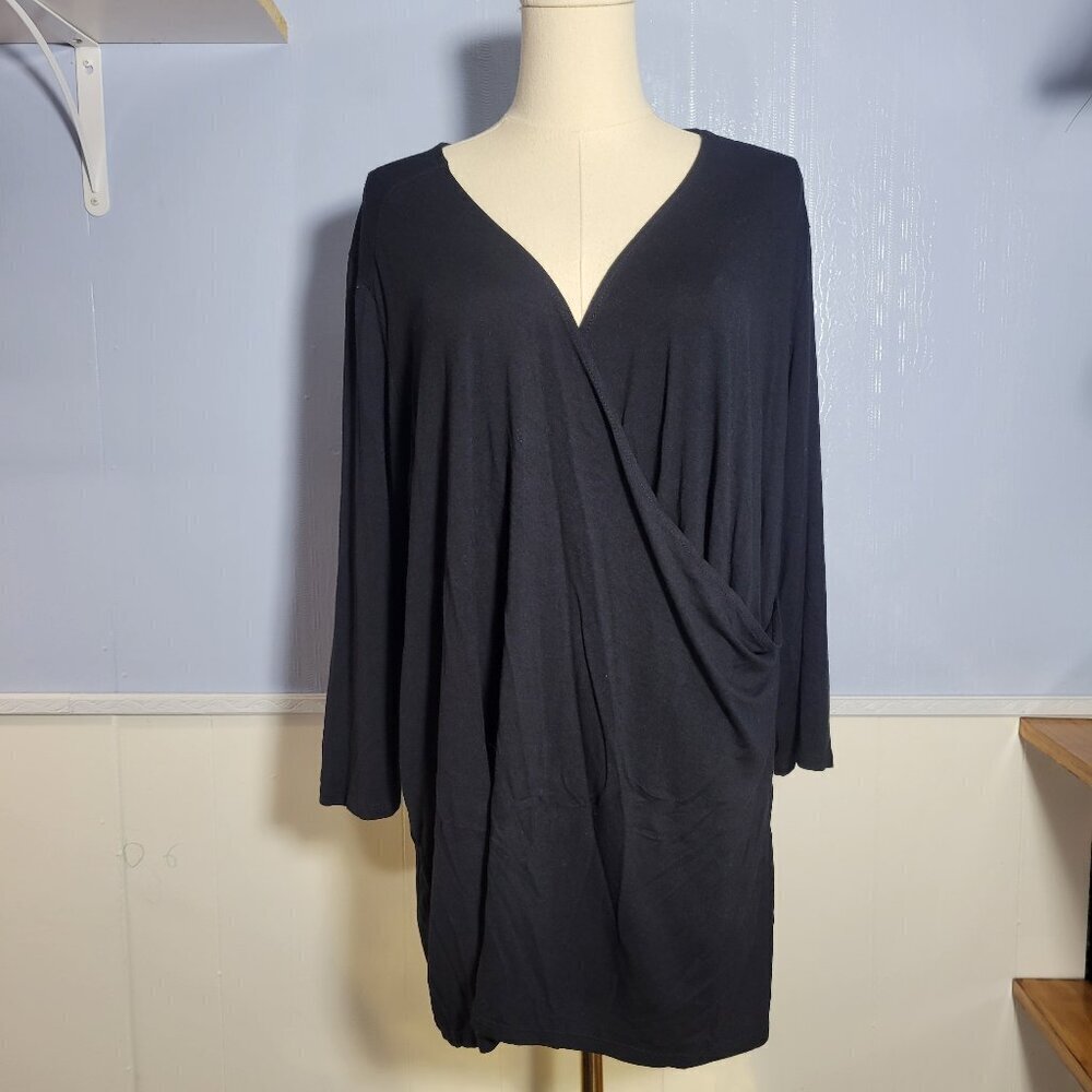 J. Jill Wearever Collection 2X Classic Black Faux Wrap 3/4 Sleeve Blouse